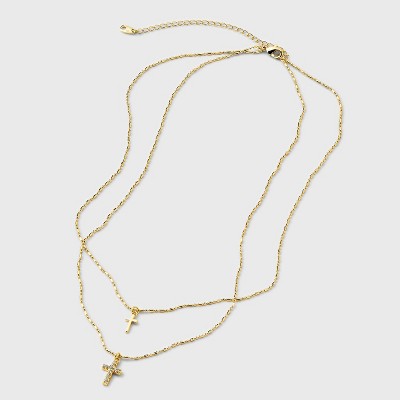 14K Gold Dipped Double Cross Pendant Multi-Strand Necklace - Gold