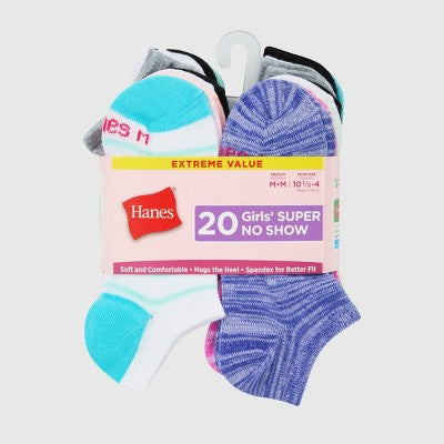 Hanes Girls' 20pk Super Soft No Show Socks - L
