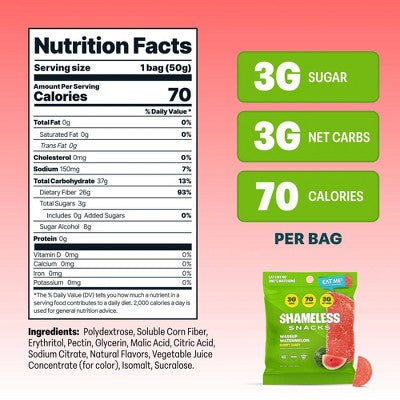 Shameless Snacks Wassup Watermelon Low Calorie Keto Gummies Candy - 1.8oz