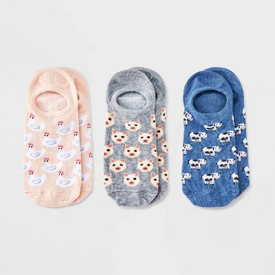 Women's Farm Animals 3pk Liner Socks - Denim Heather/Heather Gray/Pink 4-10