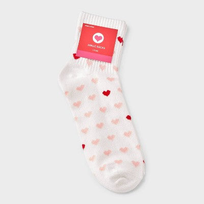 Women's Mini Hearts Valentine's Day Ankle Socks - Ivory/Pink/Red 4-10