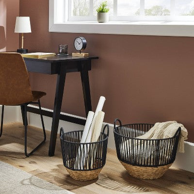 S Water Hyacinth and Black Cotton Rope Basket - Threshold: Round Decorative Storage for 13" Cube System