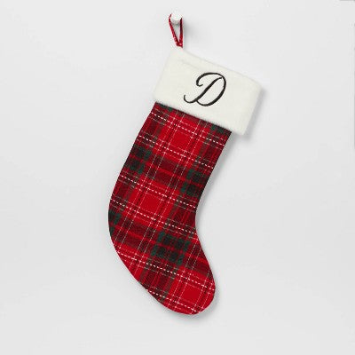 20" Plaid Monogram 'D' Christmas Stocking with Faux Fur Cuff Red/Green/White - Wondershop: Traditional Decor