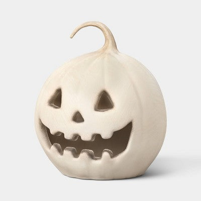 10.75" Lit Pumpkin Jack O' Lantern with Timer and Terracotta Look Halloween Decorative Prop Off-White- Hyde and EEK! Boutique