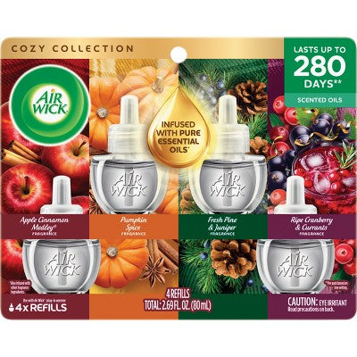 Air Wick Scented Oil Refills Mixed Pack Air Fresheners Warm Spiced Apple, Pumpkin Spice, Fresh Pine & Juniper, Cranberry - 4ct
