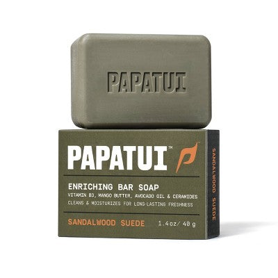 Papatui Men's Exfoliating and Hydrating Sulfate-Free Mango Butter, Avocado Oil and Ceramides Mini Bar Soap - Sandalwood Suede - 1.4oz