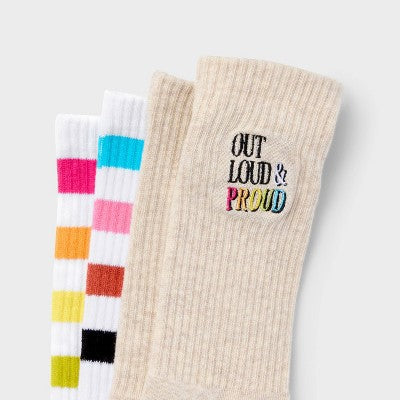 Pride Adult Out Loud & Proud and Rainbow Crew Socks 2pk - Oatmeal Striped M/L