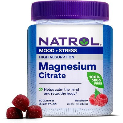 Natrol Mood + Stress Magnesium Citrate Gummies Raspberry, 60 Ct EXP: JUN/2026