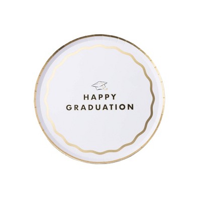 Bonjour Fete 12ct Happy Graduation Snack Paper Plates White and Gold