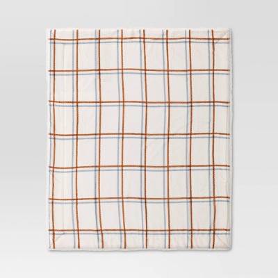 Grid Printed Plush Throw Blanket with Faux Shearling Reverse Ivory - Threshold