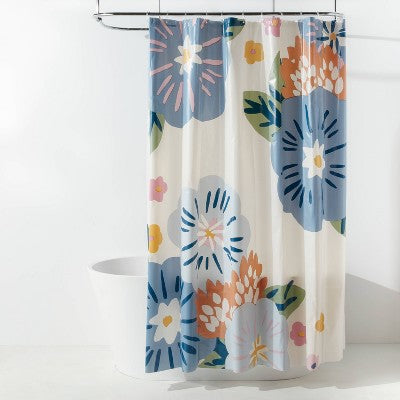 13pc PEVA Floral Blooms Shower Curtain and Rings Set Blue - Room Essentials