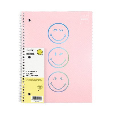 Yoobi SmileyWorld 1 Subject Notebooks 8"x10.5" Wide Ruled Blush Smiley, School Supplies