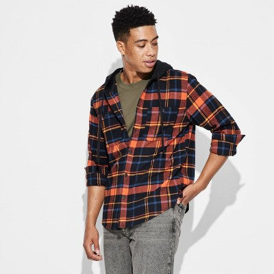 Men's Checked Hooded Button-Down Shirt - Original Use Red M