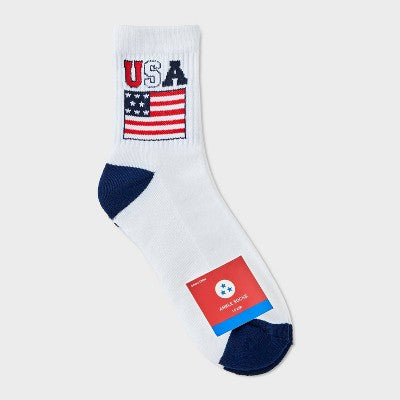 Women's Ribbed Cushioned USA Flag Short Crew Socks - White/Blue/Red 4-10