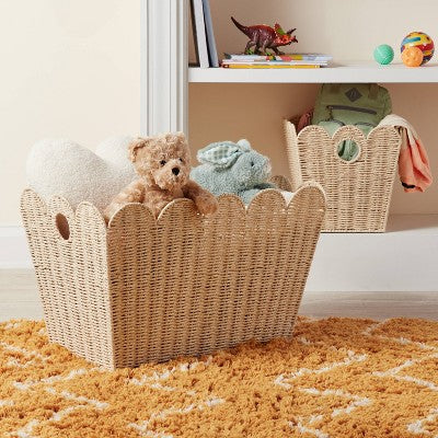 Large Woven Scallop Kids' Storage - Pillowfort: Handwoven Iron Basket with Handles, Off-White, 12"x14"