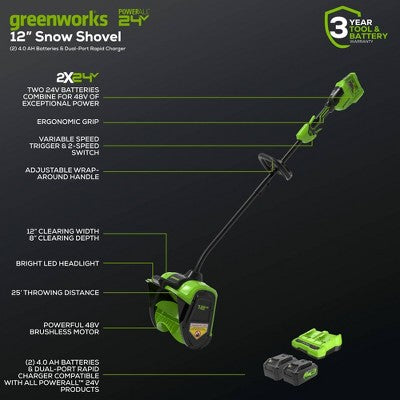 Greenworks 12" Brushless Snow Shovel with Light Kit: 24V Lithium Ion, Adjustable Handle, 3-Year Warranty (LOCAL PICKUP ONLY)
