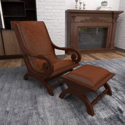 Traditional Teak Wood Accent Chair with Arms and Ottoman Brown - Olivia & May: Leather Upholstered, No Assembly Required (LOCAL PICKUP ONLY)