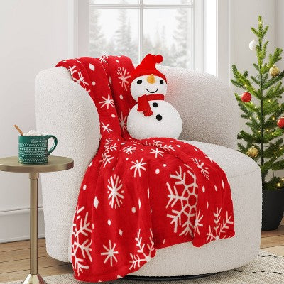 Christmas Shaped Snowman Faux Shearling Throw Pillow Ivory/Red - Wondershop