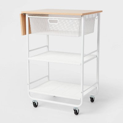 Metal Storage Cart with Mesh Drawer and Wood Top White - Brightroom: Rolling Utility Cart with Casters & Storage Drawers (LOCAL PICKUP ONLY)