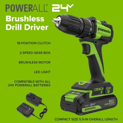 Greenworks POWERALL 24V Cordless Brushless Drill/Driver with 2Ah Battery and Charger