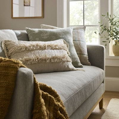 Woven Block Print Square Throw Pillow Light Sage/Cream - Threshold designed with Studio McGee: Cotton Jacquard, Indoor Use, Zippered