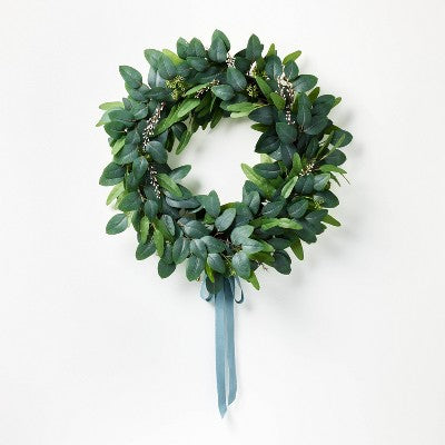 26" Eucalyptus Wreath with Ribbon Green - Artificial, Indoor Use, Unlit - Threshold designed with Studio McGee