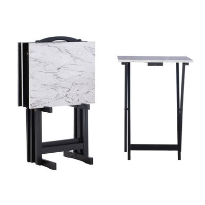 Linon 4pc 26.4" Talia TV Tray Table Set Faux Marble with Storage Rack White (LOCAL PICKUP ONLY)