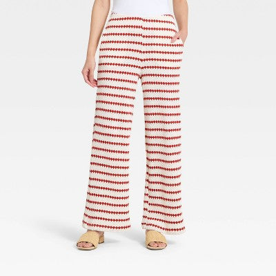Women's Casual Textured Pull-On Pants - A New Day Cream/Red M