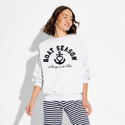 Women's Crewneck Boat Season Graphic Sweatshirt - Heather Gray XL