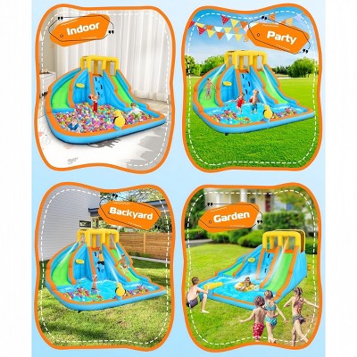 AS IS (slightly used) 141.3" x 126.4" x 81.9" 11-in-1 Inflatable Water Slide Park for Kid 3-12 w/2 Water Slides|550W Blower|5 Toys|Splash Pool|Climb Wall In/Outdoor (LOCAL PICKUP ONLY)