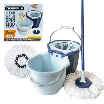 Casabella Clean Water Spin Mop with Extra Refill: Portable Microfiber Floor Cleaning Tool for Multi-Surface Use