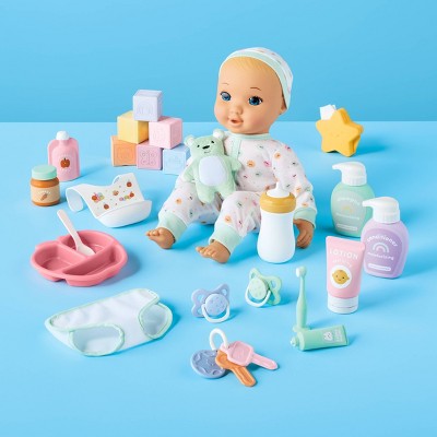14" Baby Doll Set - Blonde Hair + Blue Eyes - Gigglescape: Includes 31 Pieces, Doll Accessories, Play Set