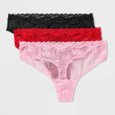 Women's Lace Thong 3pk - Wild Fable Black/Red/Light Pink XXL