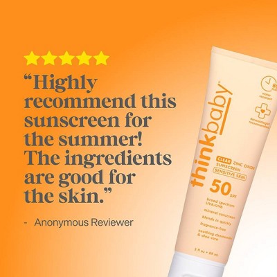 thinkbaby Clear Sunscreen for Sensitive Skin with Non-Nano Zinc Oxide, UVA/UVB Protection - Water Resistant - SPF 50 - 3 fl oz