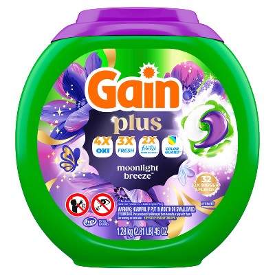 Gain Moonlight Breeze Super Flings Plus Laundry Detergents - 32ct: High Efficiency, Cold Water, Deep Cleaning, Odor Control
