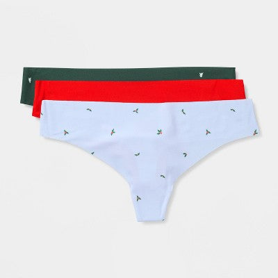 Women's 3pk Laser cut Holiday Thong Underwear - Auden Red/Green/Blue XL