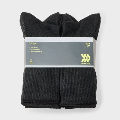 Men's New 12pk Value Crew Socks - All In Motion Black 6-12