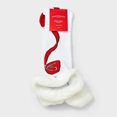 Women's Christmas Bows Knee High Socks with Faux Fur Cuff - Wondershop White/Red 4-10