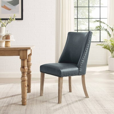 Axbridge Nailhead Trim Side Chair Faux Leather Navy - Powell: Elegant Dining Chairs, Set of 2, Birchwood Legs (LOCAL PICKUP ONLY)