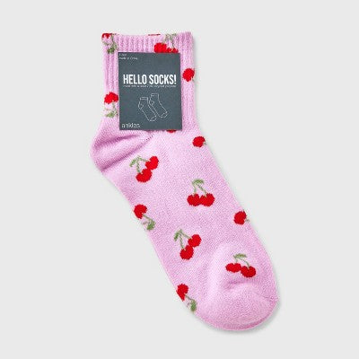 Women's Cherries Ribbed Ankle Socks - Pink/Red 4-10: Lightweight, Banded Cuff, Recycled Polyester