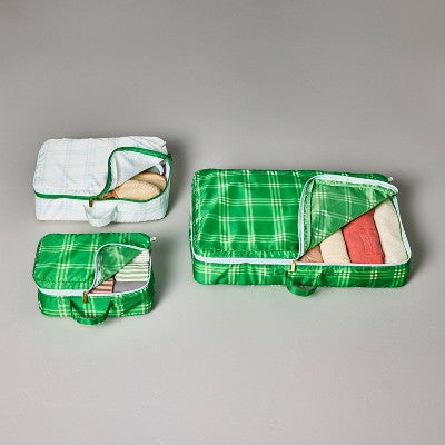 Tri-Stripe Plaid Packing Cubes Cream/Light Blue/Green (Set of 3) - Hearth & Hand with Magnolia: Travel Organizer, Zippered Polyester Cubes