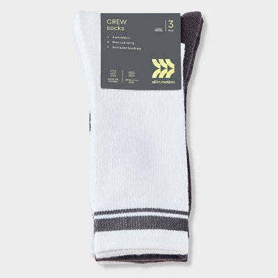 Men's Striped Tonal Varsity 3pk Crew Socks - All In Motion Fitness Gray 6-12