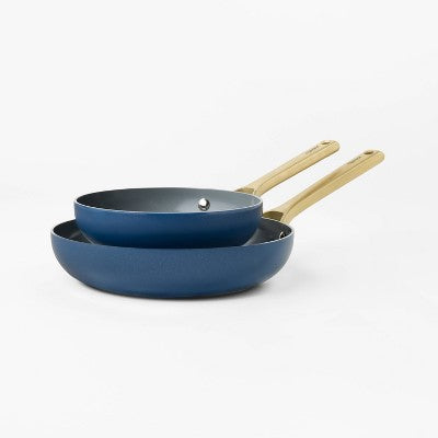 2pk Nonstick Ceramic Coated Aluminum Frying Pan Set with Champagne Handles Navy - Figmint