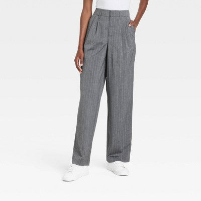 Womens High-Rise Pleat Straight Trousers Charcoal Pinstripe 2L