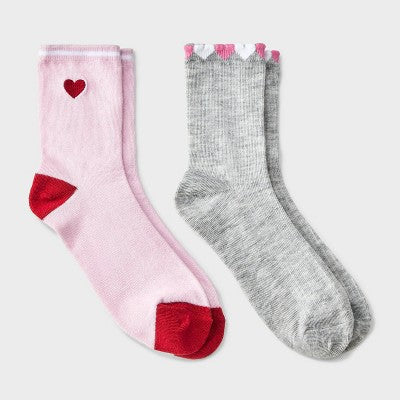 Girls' 2pk Embroidered Heart Crew Socks - art class Pink/Heather Gray M