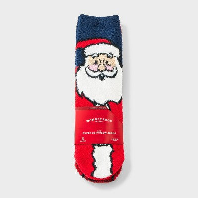 Kids' 2pk Santa & Plaid Cozy Crew Socks with Gift Card Holder - Wondershop Red/Navy Blue XS/S