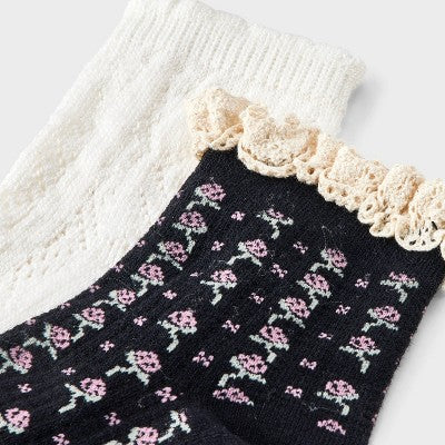 Women's Floral Lace and Pointelle 2pk Ankle Socks - Auden Black/Ivory 4-10: Midweight Knit, Rib Cuffs, Ruffle Trim