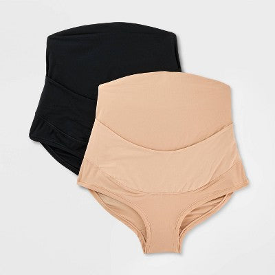Maternity 2pk Luxe Stretch Over the Belly Bikini Underwear - Auden Black/Pearl Tan 2X