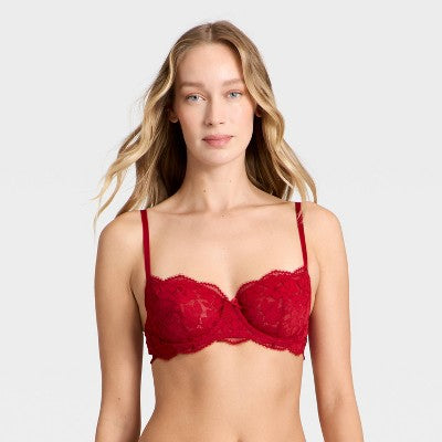 Women's Lace Unlined Straight Neck Balconette Bra - Auden Red 34A