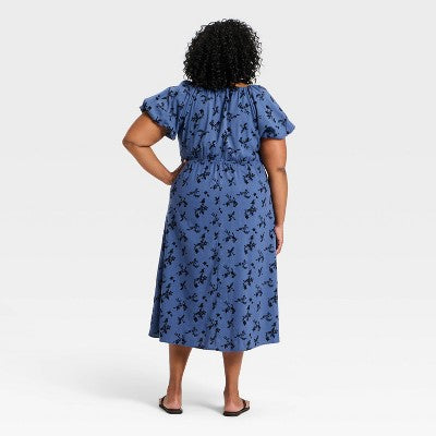 Women's Puff Short Sleeve Midi Sundress - Dark Blue Floral XXL